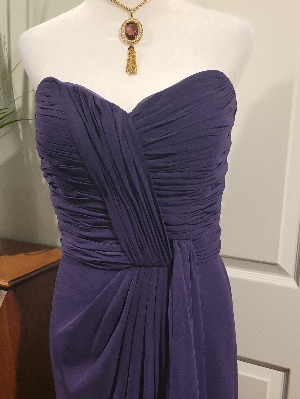 Pretty Maids Strapless Ruched Gown in Deep Purple